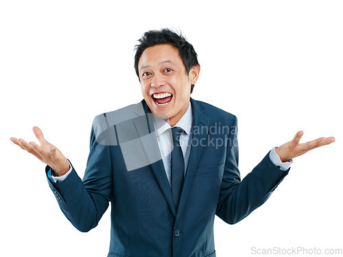 Image of Portrait, shrug and excited with a business asian man in studio isolated on a white background for promotion. Comic, success and motivation with a male employee shrugging his shoulders on blank space