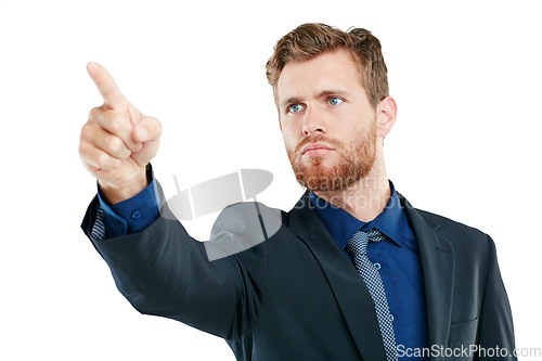 Image of Mockup, business and man pointing, serious or guy isolated on white studio background. Executive, male entrepreneur or marketing manager for advertising campaign, sales growth or corporate consultant