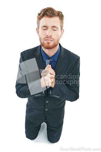 Image of Praying, job and business man in studio for hiring, recruitment or career opportunity hope, faith and help. Prayer hands sign, emoji and corporate worker in job search, interview results or feedback