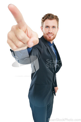 Image of Businessman, studio portrait and pointing with hand for vision, future or success by white background. Isolated man, corporate suit and hand sign with smile, goals or happy for professional aesthetic