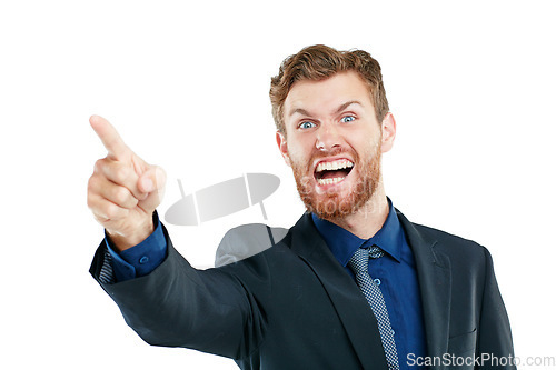 Image of Portrait, angry and businessman pointing in studio, frustrated and shouting on white background. Stress, threat and hand sign or warning, conflict or bullying, direction and aggression while isolated