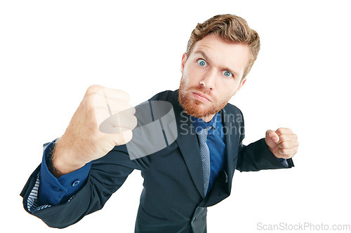 Image of Portrait, angry and fist with a business man in studio isolated on a white background for corporate conflict. Anger, aggression and violence with a male employee ready for a fight on blank space