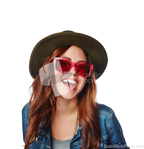 Image of Portrait, fashion and sunglasses with a model woman in studio isolated on a white background for a clothes brand. Face, style and hat with an attractive young female posing to promote trendy clothes