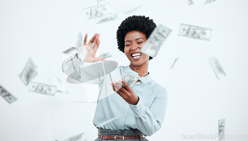 Image of Money, cash and business black woman in studio wealth, bonus and investment success with finance, profit and savings. Lottery, winner and salary of an african corporate employee for financial freedom