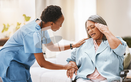 Image of Nurse, senior woman and headache with rehabilitation, physiotherapy and help with disability. Black woman, healthcare expert and old woman for injury, wellness and physical therapy for helping hand
