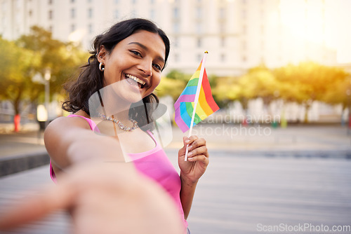 Image of Selfie, lgbtq event and woman with a flag for sexuality freedom, happy celebration and gay rights at a festival in the city of Germany. Smile, photo and portrait of a girl at a pride street party