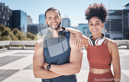 Image of Sports fitness, portrait and couple in city ready for workout, training or exercise. Face, diversity and happy man and woman standing on street preparing for running, jog or cardio outdoors together.