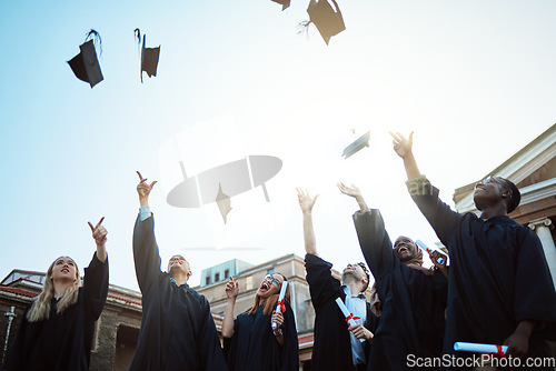 Image of Diversity, graduation hat or students with celebration, university or happiness outdoor. Young people, men or women with degree completion, education or knowledge for success, graduate or achievement