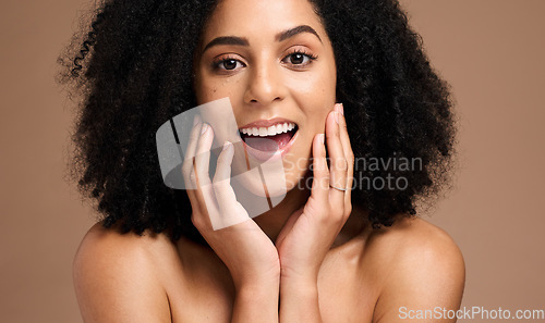 Image of Face portrait, surprise and skincare of black woman in studio isolated on a brown background. Makeup cosmetics, wow and female model shocked at transformation after spa facial treatment for beauty.