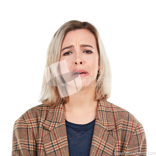 Image of Sad face, white background and portrait of woman isolated in studio for upset, depression and unhappy emotion. Sadness, fail and frustrated girl with depressed, crying and negative facial expression