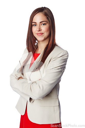 Image of Isolated, business and portrait of woman with arms crossed in white background studio for management, leadership and fashion. Happy, smile and confident with girl standing alone for cute and formal