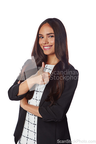 Image of Thumbs up, business woman and isolated on a white background in winning, success and thank you Yes, like or winner of beautiful model with leadership for vote, emoji hand sign and confidence portrait