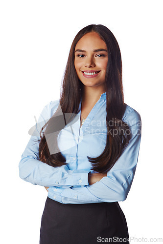 Image of Isolated, business and portrait of woman with arms crossed in white background studio for management, leader and fashion. Happy, smile and confident with Brazilian girl for formal, cute and style