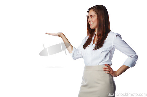 Image of Hand, advertising and corporate woman on a white background for product placement, logo and mockup. Business deal, display and isolated girl with hand gesture for information, news and announcement