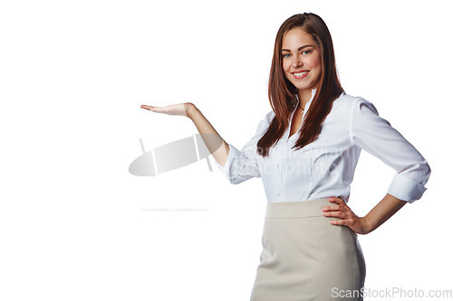 Image of Advertising, display and woman with hand on a white background for product placement, sign and deal. Presentation, mockup and isolated girl with hand gesture for information, news and announcement