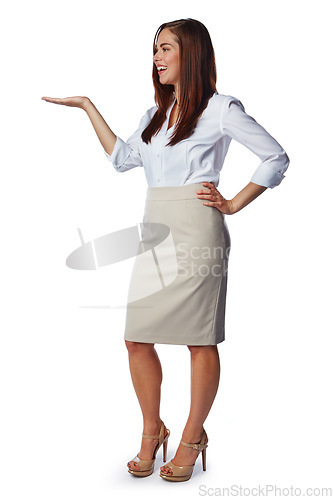 Image of Mockup, hand display and woman on a white background for product placement, logo and advertising. Deal, presenting and isolated girl with hand sign for information, news and announcement in studio