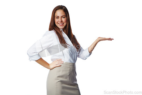 Image of Space, hand and portrait of woman on a white background for product placement, deal and sign. Advertising, presenting and isolated girl showing hand gesture for discount, information and discount