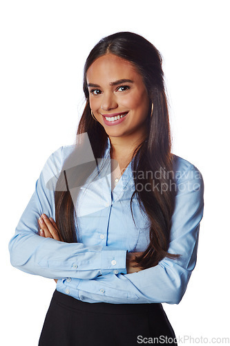 Image of Isolated, business and portrait of woman with arms crossed in white background studio for management, leader and fashion. Happy, smile and confident with Brazilian girl for formal, cute and style