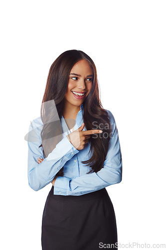 Image of Happy, finger and business woman pointing in a studio for advertising, marketing or mockup. Happiness, smile and female model with corporate, classy and elegant outfit isolated by a white background.