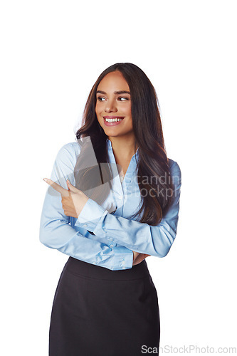 Image of Businesswoman, standing and pointing finger isolated on a white background for advertising. Female employee, model or business person with smile showing gesture for advertisement or marketing