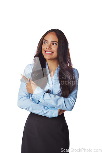 Image of Business woman, studio and pointing for advertising, promotion or marketing idea on mockup space. Corporate employee or professional worker with hand sign, show mock up isolated on white background