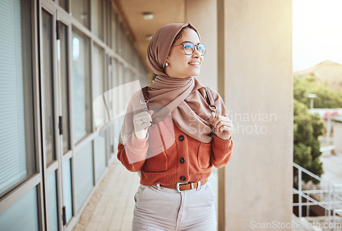 Image of University, Muslim and campus student walking, happy and relax on journey to class, education learning or lecture study. School, hijab and Islamic woman, college girl or person on walk in Indonesia