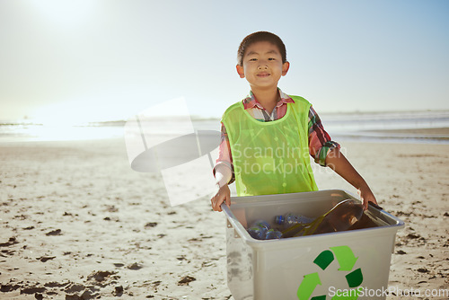 Image of Beach cleaning, recycle box and kid with plastic bottle, recycling portrait and climate change, sustainability and volunteer mockup. Eco friendly activism, community service and boy clean outdoor