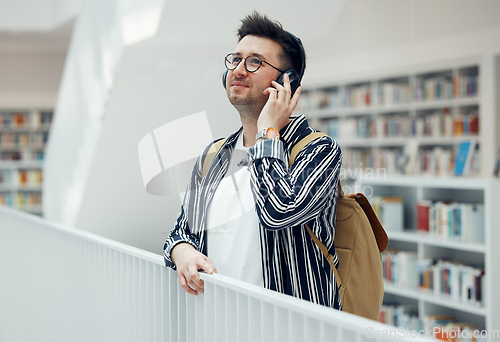 Image of Headphones, college student man and university library work or research for learning. School campus building, music and live song streaming of a person looking for study books