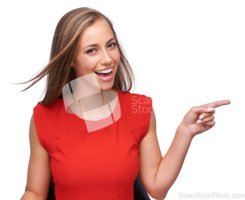 Image of White background, pointing finger and portrait of woman for fashion, marketing and advertising. Beauty, retail and girl model with copy space for deal, sale and product placement isolated in studio