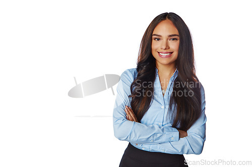 Image of Isolated, business and portrait of woman with mockup in white background studio for management, leader and fashion. Happy, smile and confident with Brazilian girl and arms crossed for formal and cute