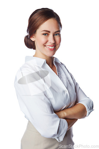 Image of Isolated, business and portrait of woman with arms crossed in white background studio for management, leader and fashion. Happy, smile and confident with New York girl for formal, cute and style