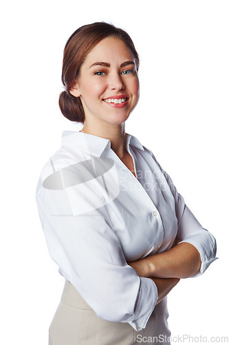 Image of Isolated, business and portrait of woman in white background studio with arms crossed, leadership and fashion. Happy, smile and confident with face of New York girl for formal, cute and management