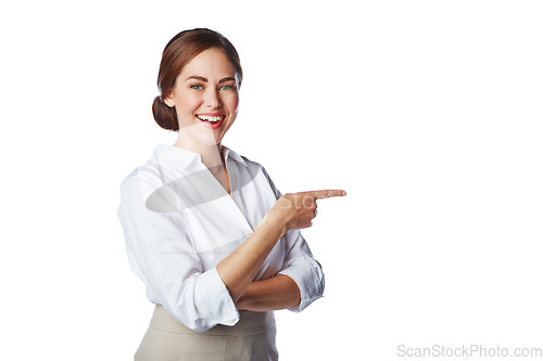 Image of Banner, mock up and business woman pointing finger isolated against a studio white background. Happy, confident face and smiling corporate employee showing copyspace gesture for a promo deal