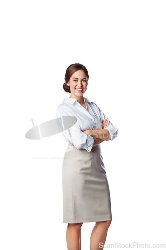 Image of Isolated, business and portrait of woman with mockup in white background studio for management, leader and fashion. Happy, smile and confident with New York girl and arms crossed for formal and cute