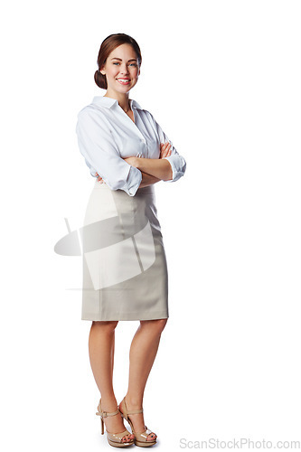 Image of Smile, arms crossed and portrait of business woman for marketing, innovation or vision. Smiling, happy and fashion with isolated face of person for mindset, career or goal in white background studio