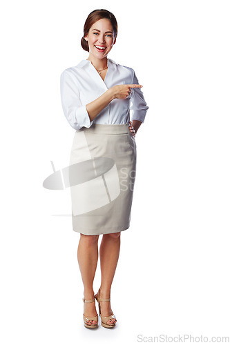 Image of Mock up, space and corporate woman pointing finger isolated against a studio white background. Confident, happy and smiling female entrepreneur showing copy space gesture for a promo banner