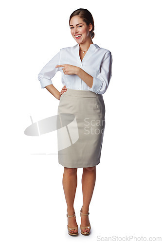 Image of Business woman, studio portrait and pointing to advertising, promotion or marketing idea on mockup space. Professional worker, employee or model show mock up, hand sign isolated on white background