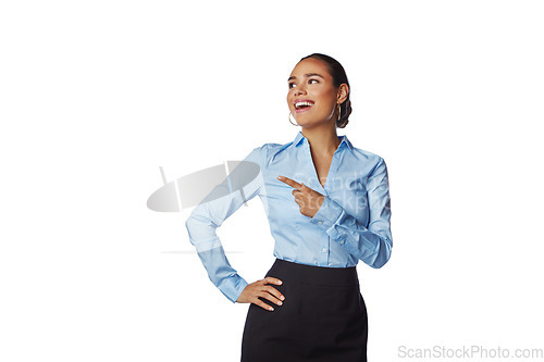 Image of Studio, pointing and business woman wow for advertising, promotion or marketing idea on mockup space. Professional worker, employee or model show mock up, hand sign isolated on white background