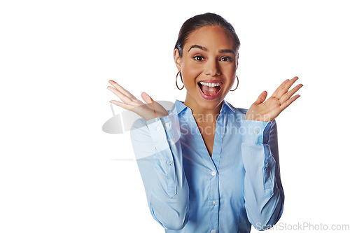 Image of Happy, wow and excited woman in a studio with a positive mindset, good news and surprise. Pride, win and portrait of corporate female model with a surprised hand gesture isolated by white background.