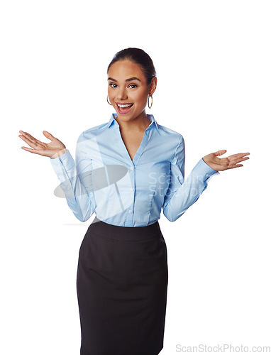 Image of Business woman, portrait or weigh hands on promotion mockup, isolated marketing space or advertising mock up. Smile, happy or corporate worker and palm options, decisions or white background choices