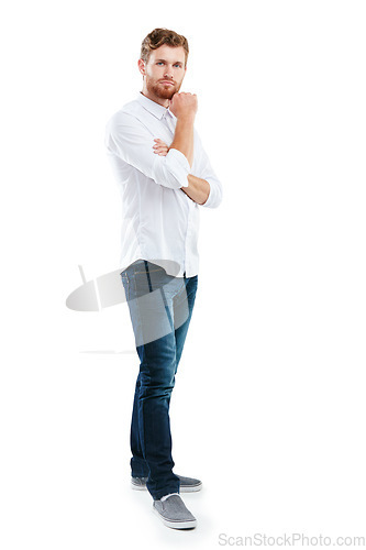 Image of Portrait, thinking and handsome entrepreneur in studio with idea or contemplation against white background. Confused, businessman and unsure guy with doubt, contemplating and decide while isolated