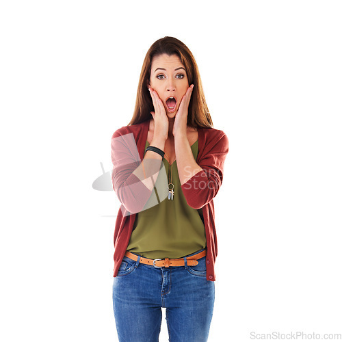 Image of Woman, shocked face portrait and hands for surprise, announcement or excited isolated in white background. Young female, scared facial expression and shock emoji with amazed hands gesture in studio