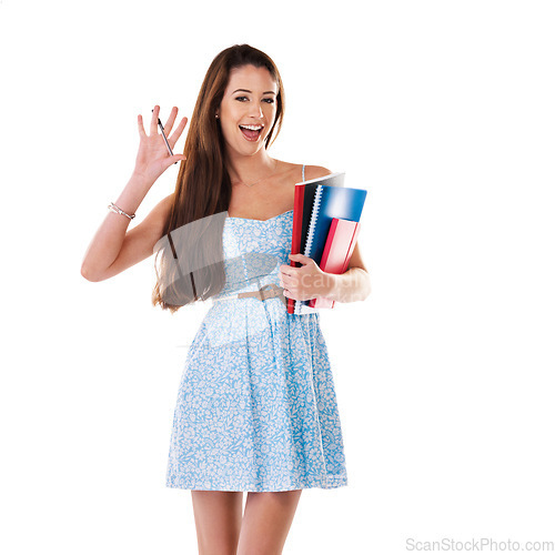 Image of Woman, studio portrait and books with smile, study and white background at college, education or future. Isolated student girl, happy or studying with pen, focus or excited for learning at university