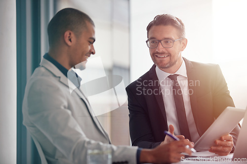 Image of Business men, planning and tablet while talking about corporate strategy, partnership and idea. Male team in management meeting discussion and online for finance growth, innovation and development