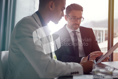 Image of Collaboration, business people and tablet planning for corporate strategy online in a office. Men together in a meeting discussion as management for digital marketing, proposal or deal opportunity