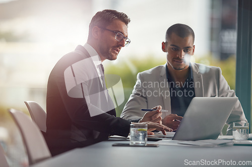 Image of Business people, laptop and planning while reading email information online with lawyer and client . Men together in meeting discussion with company wifi internet to do research on case for advice