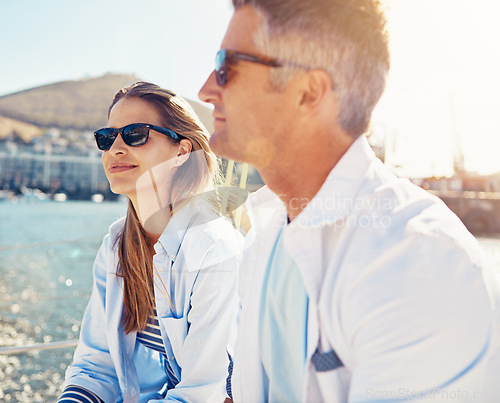 Image of Relax, travel and luxury with couple on yacht for summer, love and sunset on Rome vacation trip. Adventure, journey and ship with man and woman sailing on boat for ocean, tropical or honeymoon at sea