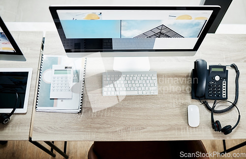 Image of Above call center, computer and VOIP phone on desk for communication, contact us and consulting. Telemarketing office, telephone and headphones on table for customer support, help or service with pc