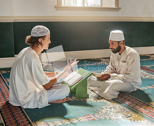 Image of Muslim pray, worship or men studying the Quran for peace, mindfulness or support from Allah in holy mosque. Learning, Islamic or people talking, reading or praying to worship God on Ramadan Kareem