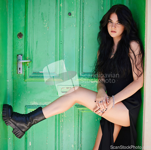 Image of Woman, edgy fashion or green city door in gen z clothing brand, photoshoot portfolio or grunge aesthetic. Portrait, street model or wooden entrance of house building, home and girl in trendy clothes